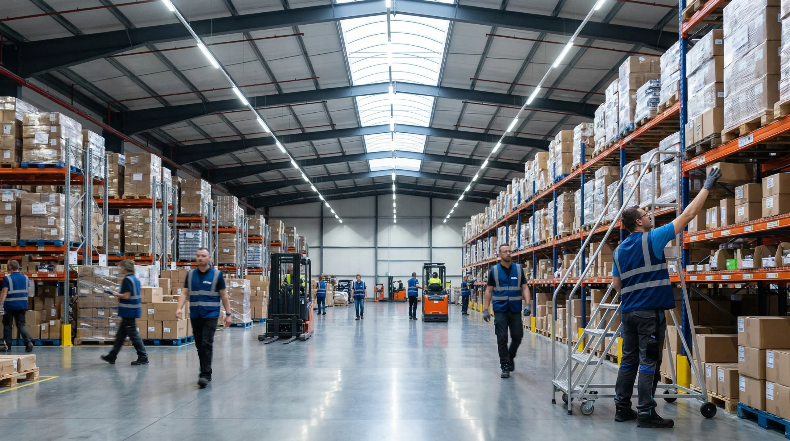 Warehouse interior with barcode scanning system.