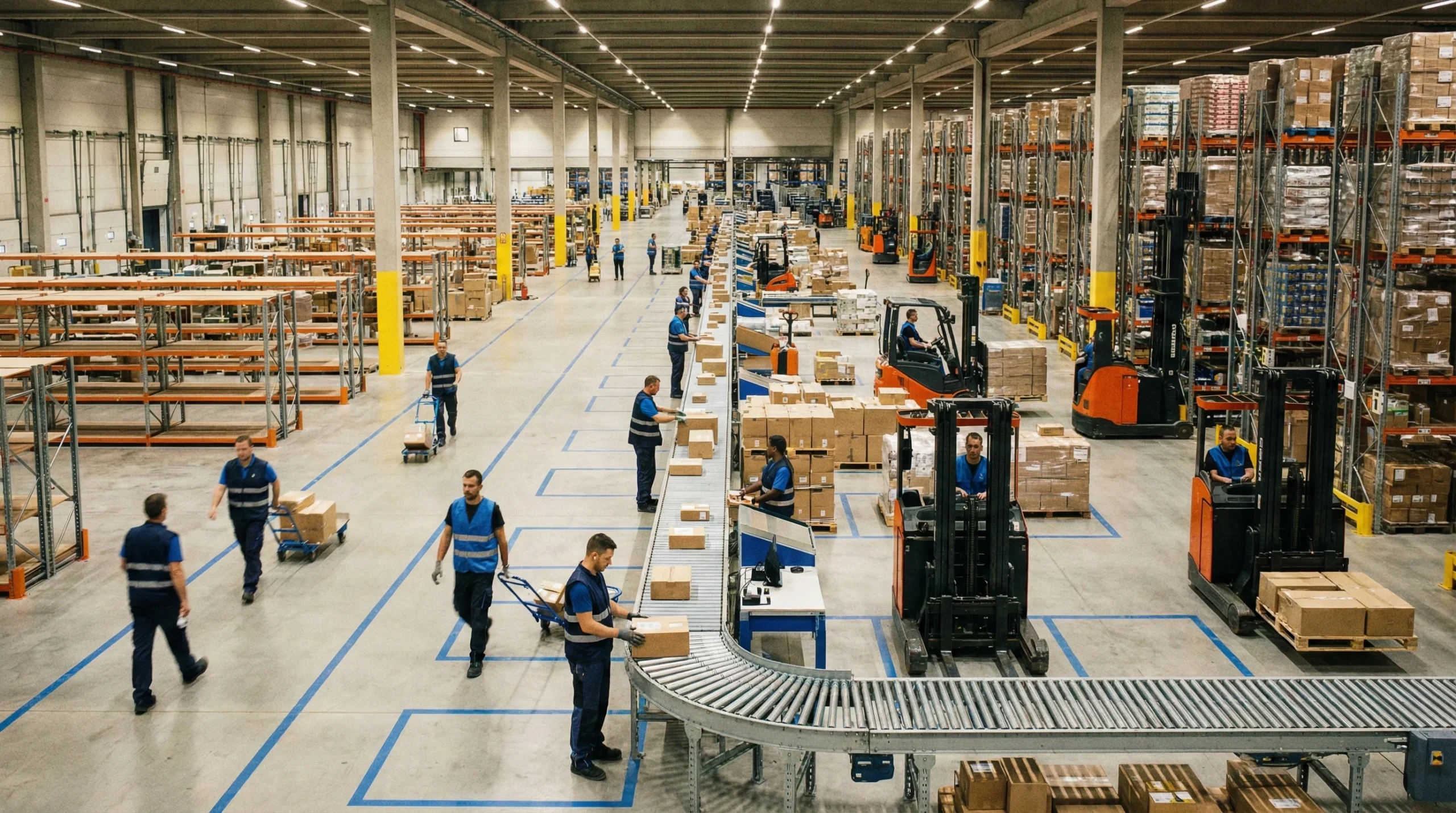 Workers managing different inventory workflows across warehouse zones