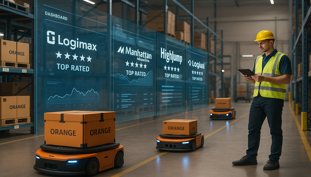 Warehouse worker monitoring automated robots carrying orange boxes via digital dashboard system