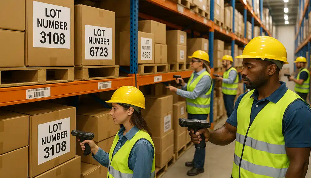Warehouse workers scanning lot numbers on boxes for inventory tracking and batch management