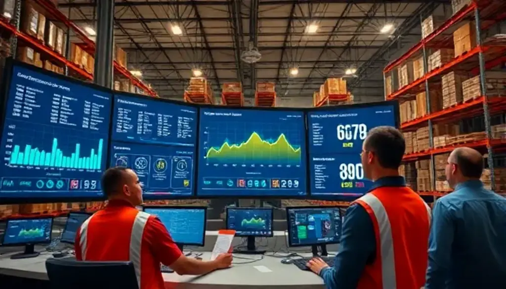 Warehouse workers monitoring barcode inventory system data on multiple digital screens