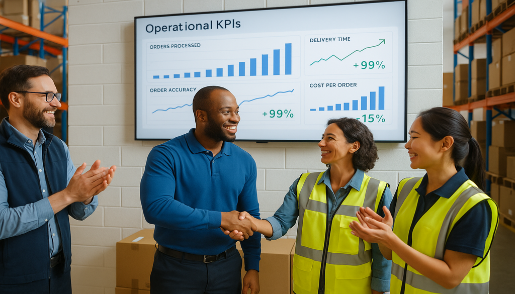 Warehouse team celebrating improved KPIs with operational dashboard showing 99% delivery performance gains