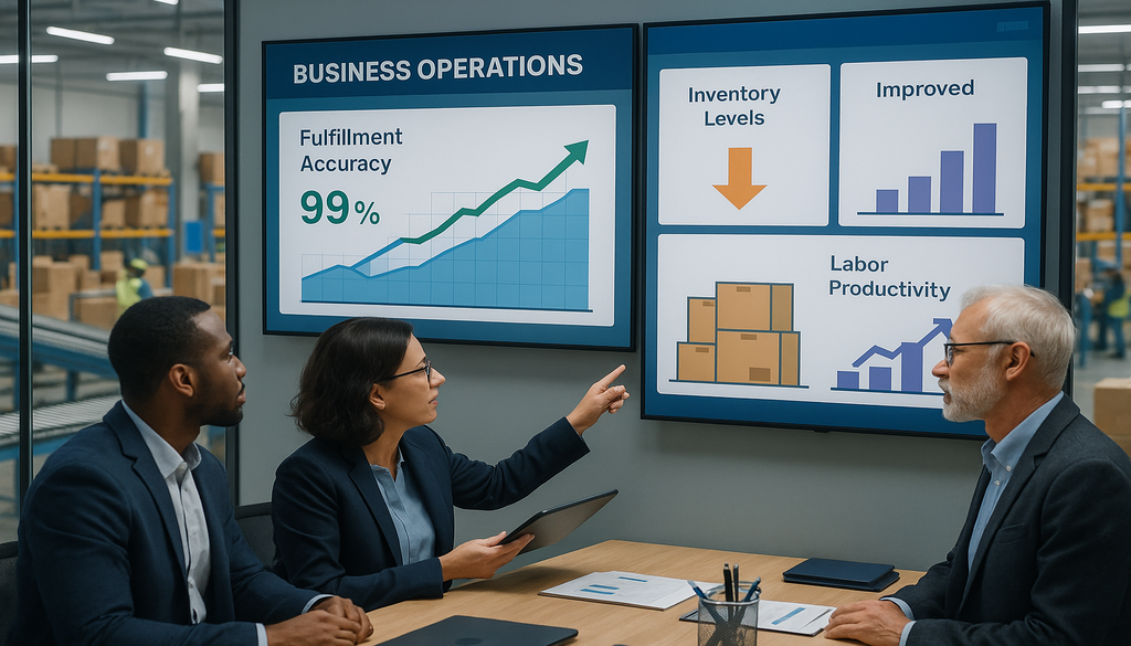 Business professionals analyzing warehouse management system performance metrics and technology data on dashboard