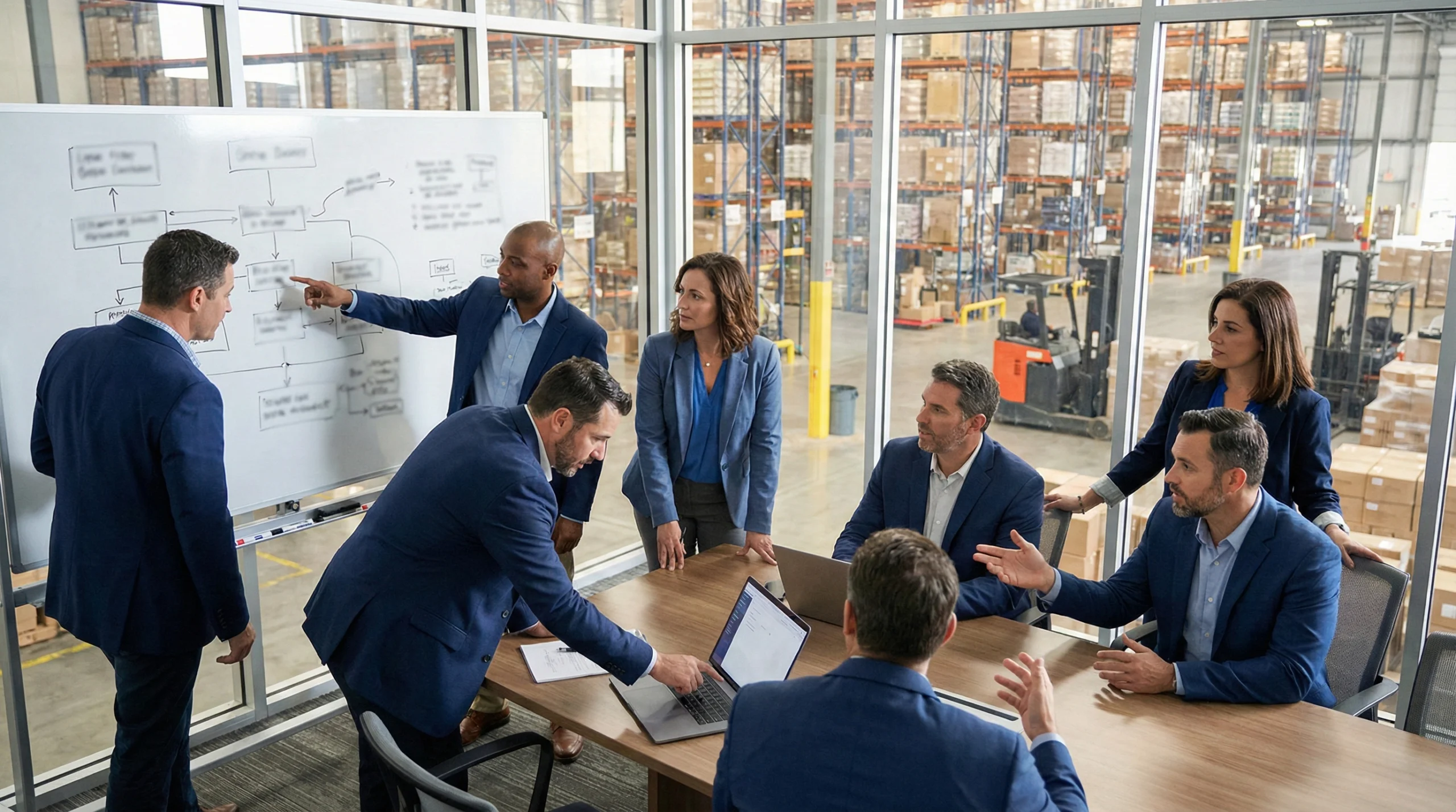 Team discussing WMS selection criteria