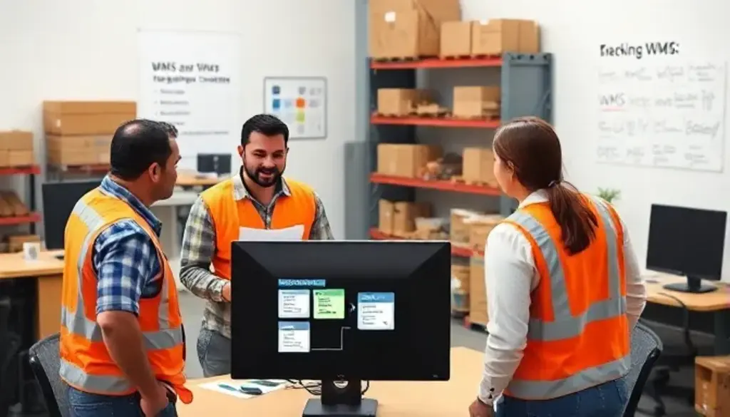 Warehouse employees discussing WMS integration challenges around a computer