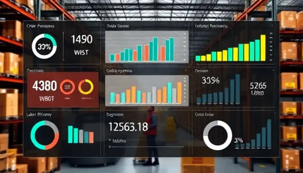 Digital dashboard displaying warehouse metrics with busy warehouse operations in the background.