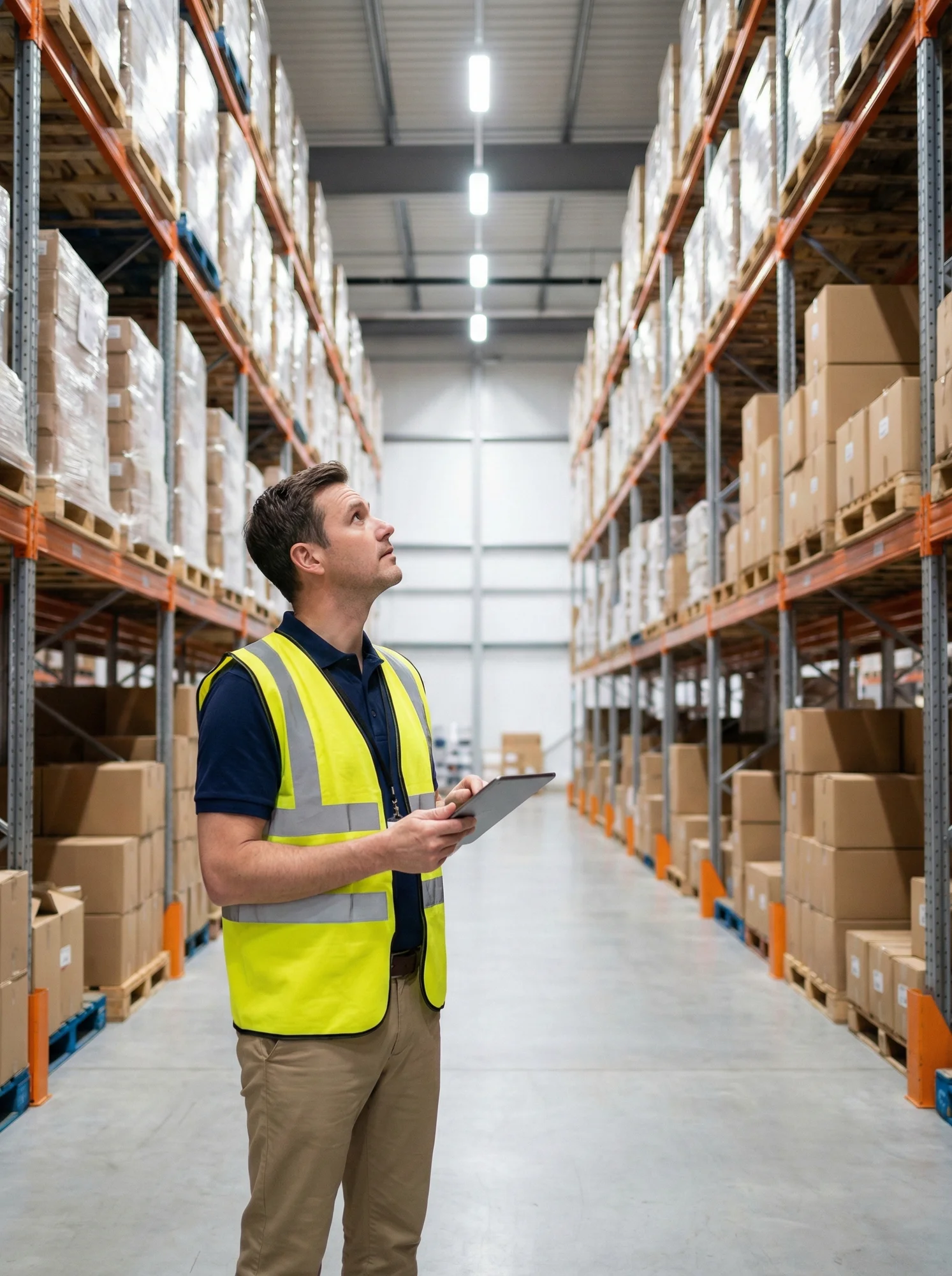 Warehouse manager reviewing inventory in a modern distribution center