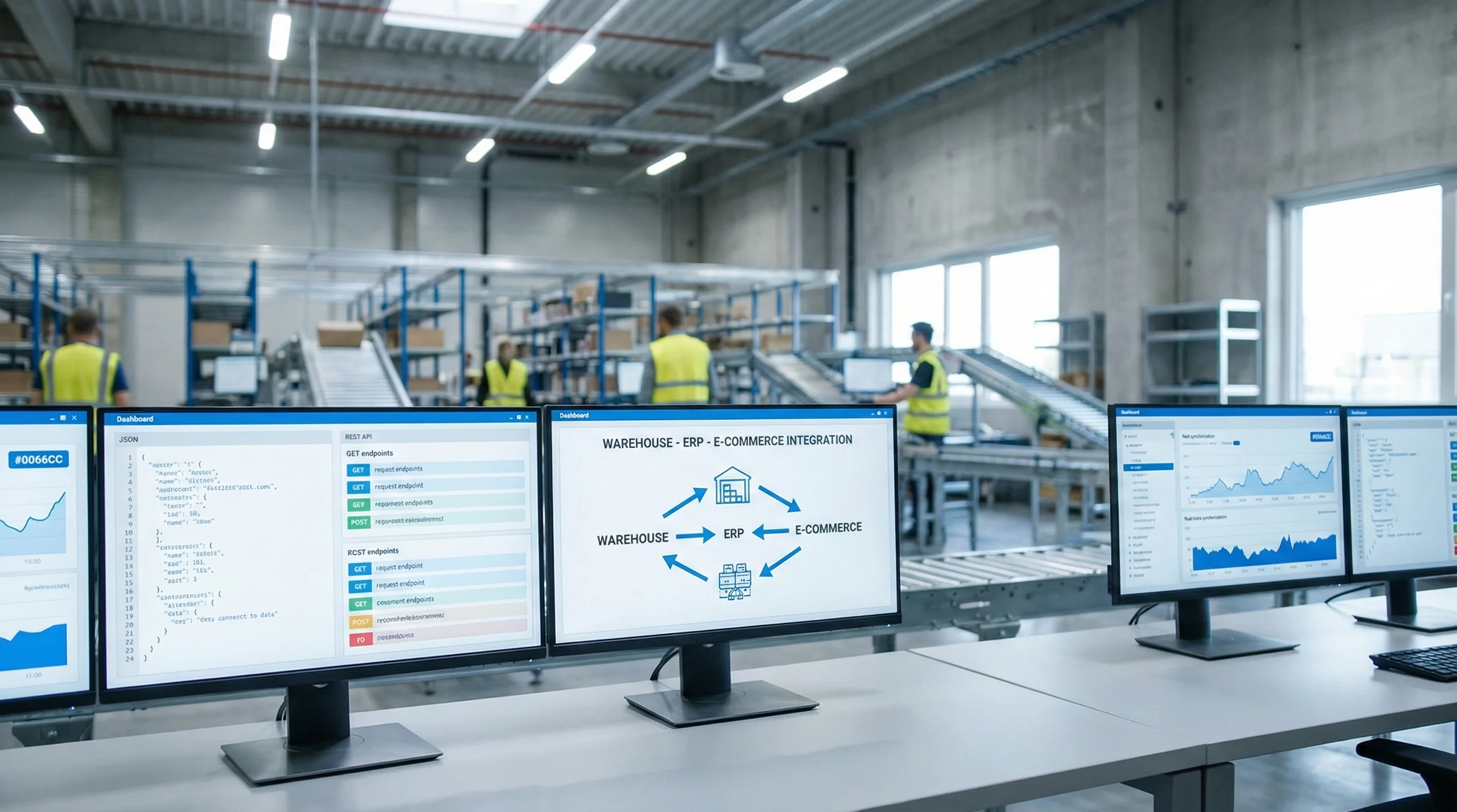 Developer workspace with code editor showing API integration