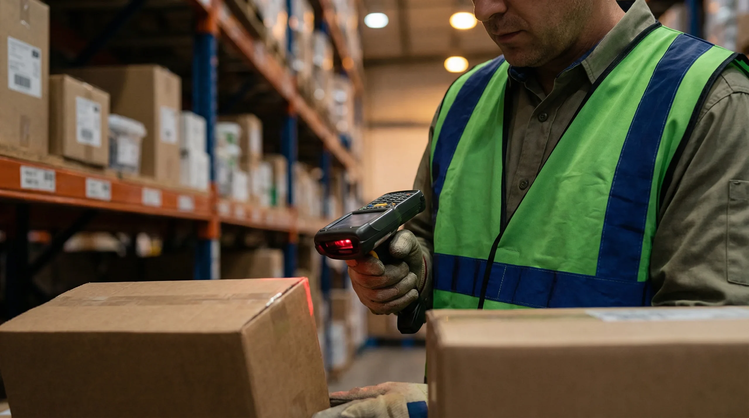 Warehouse worker scanning barcode on package