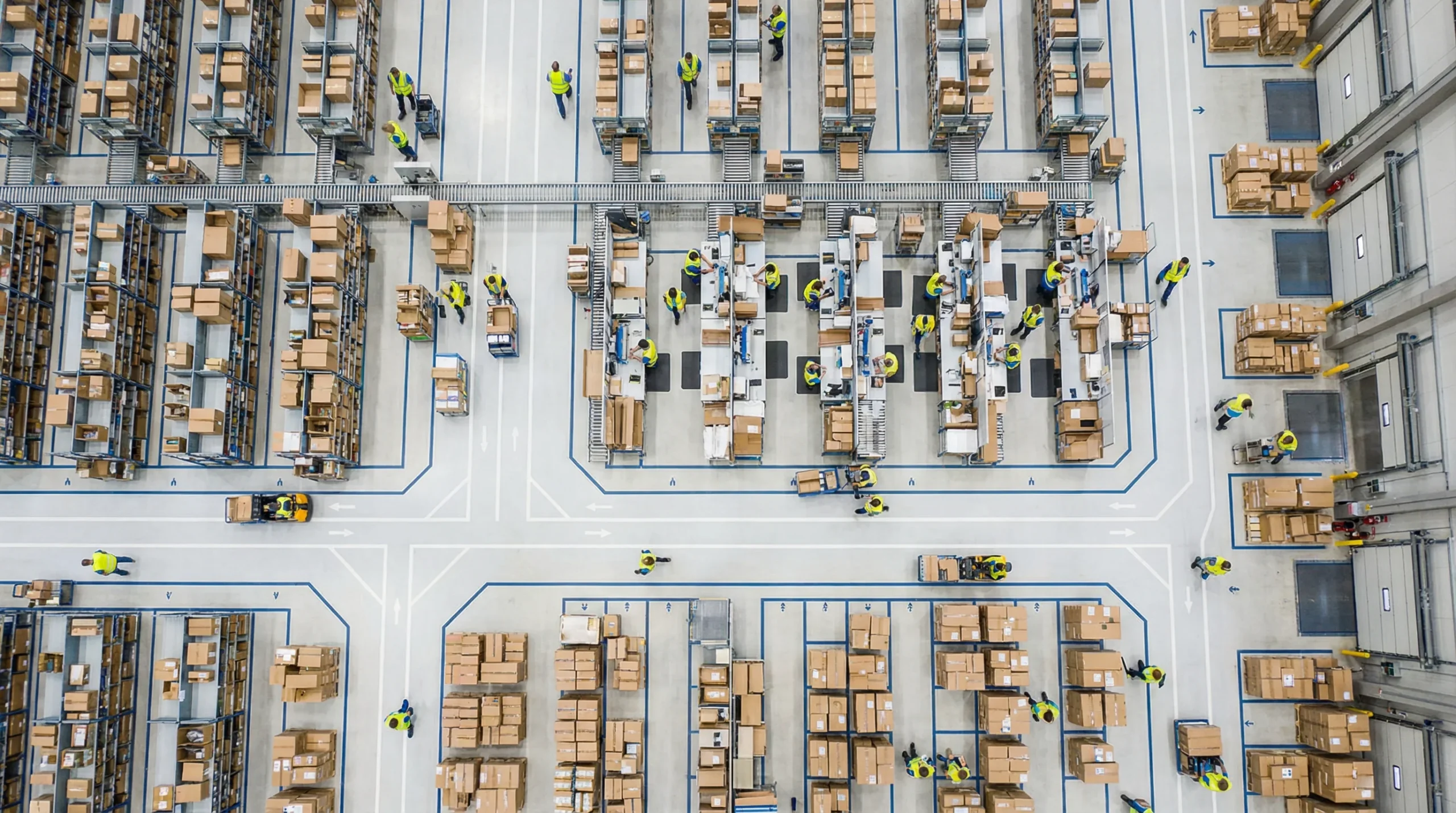 Aerial view of organized warehouse floor