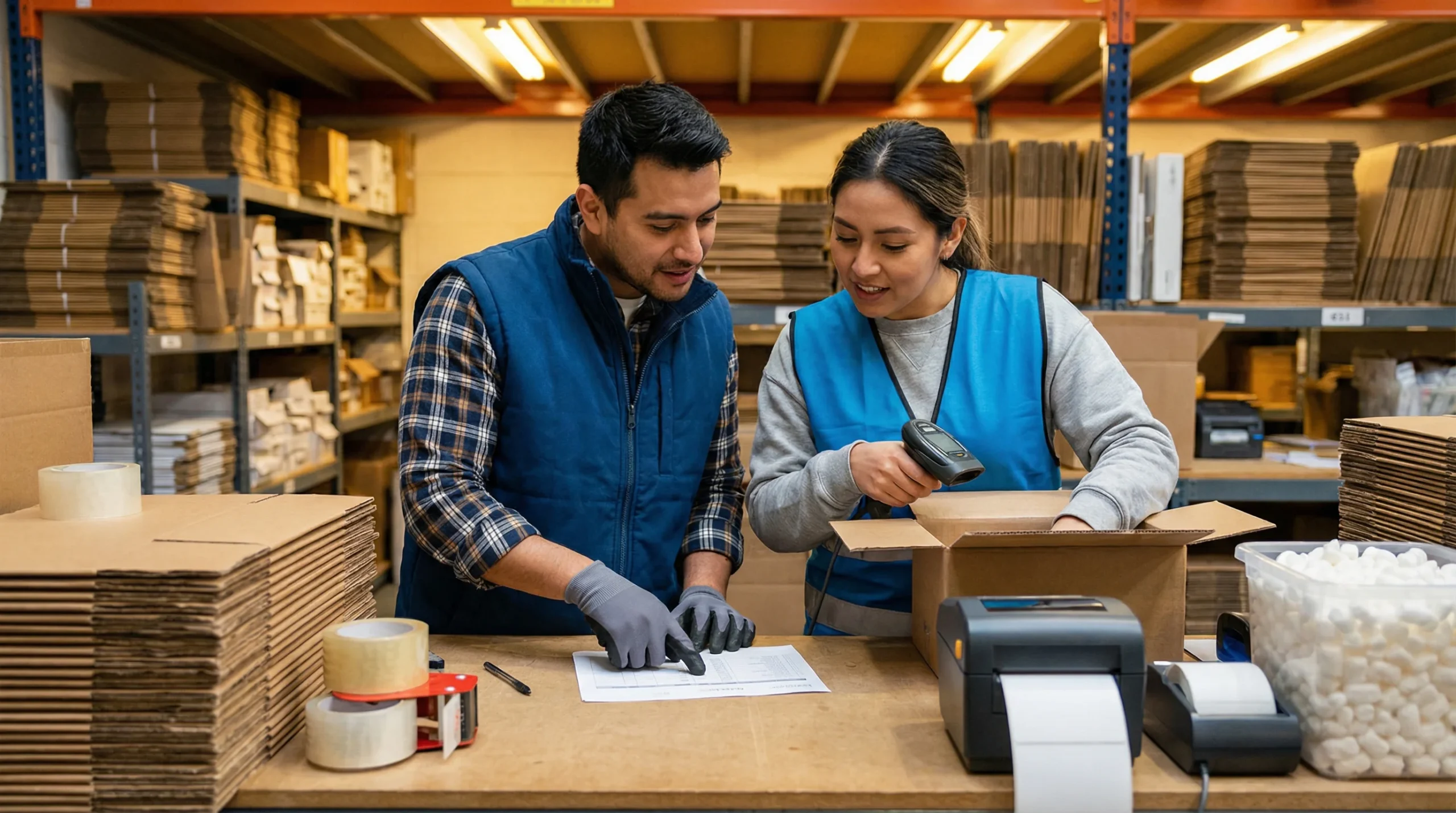 Warehouse workers using barcode scanners