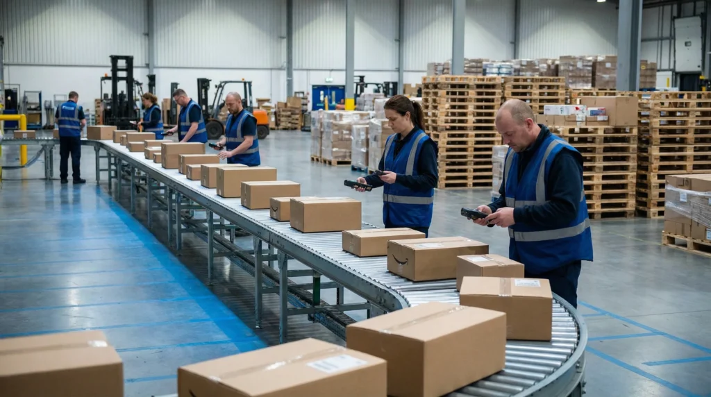 Warehouse receiving dock with conveyor belt