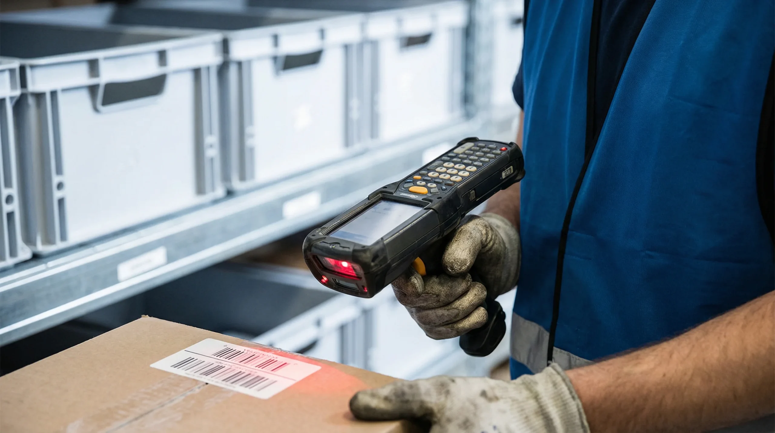 Warehouse worker scanning barcode on package