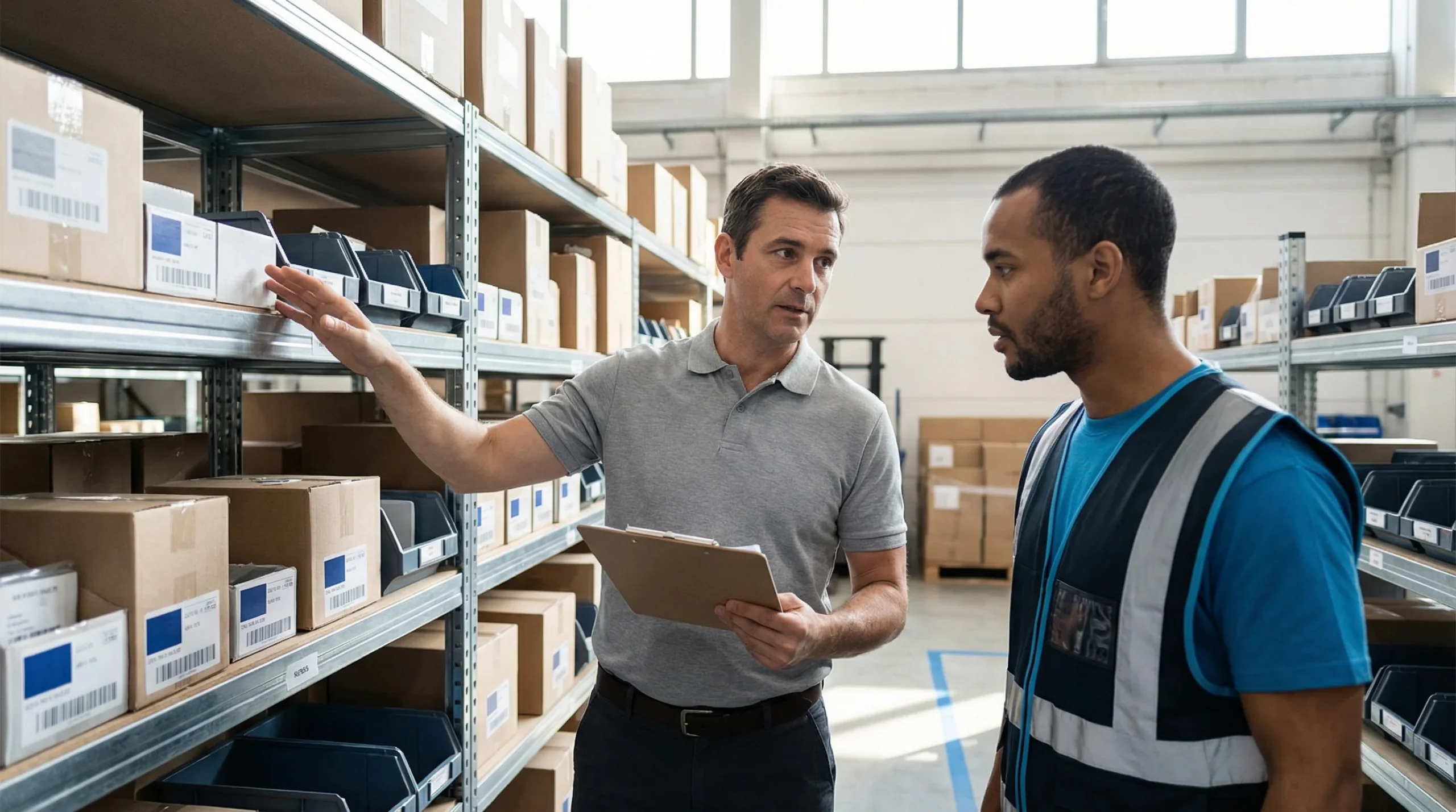 Warehouse supervisor with clipboard and worker.