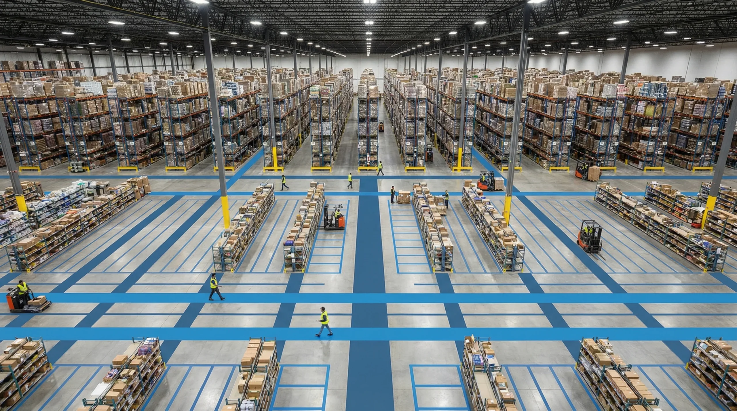 Aerial view of organized warehouse floor