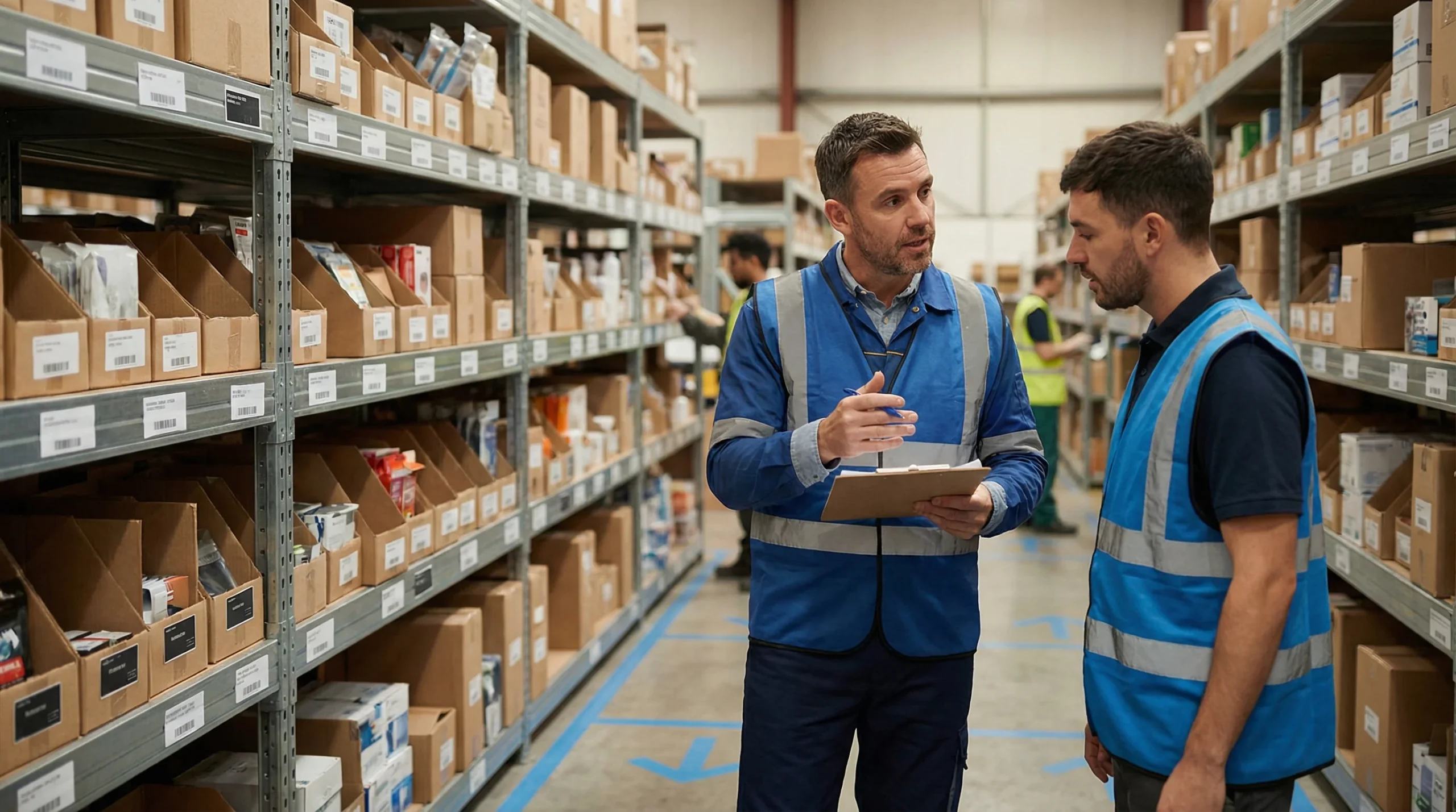 Supervisor and worker discussing inventory benefits