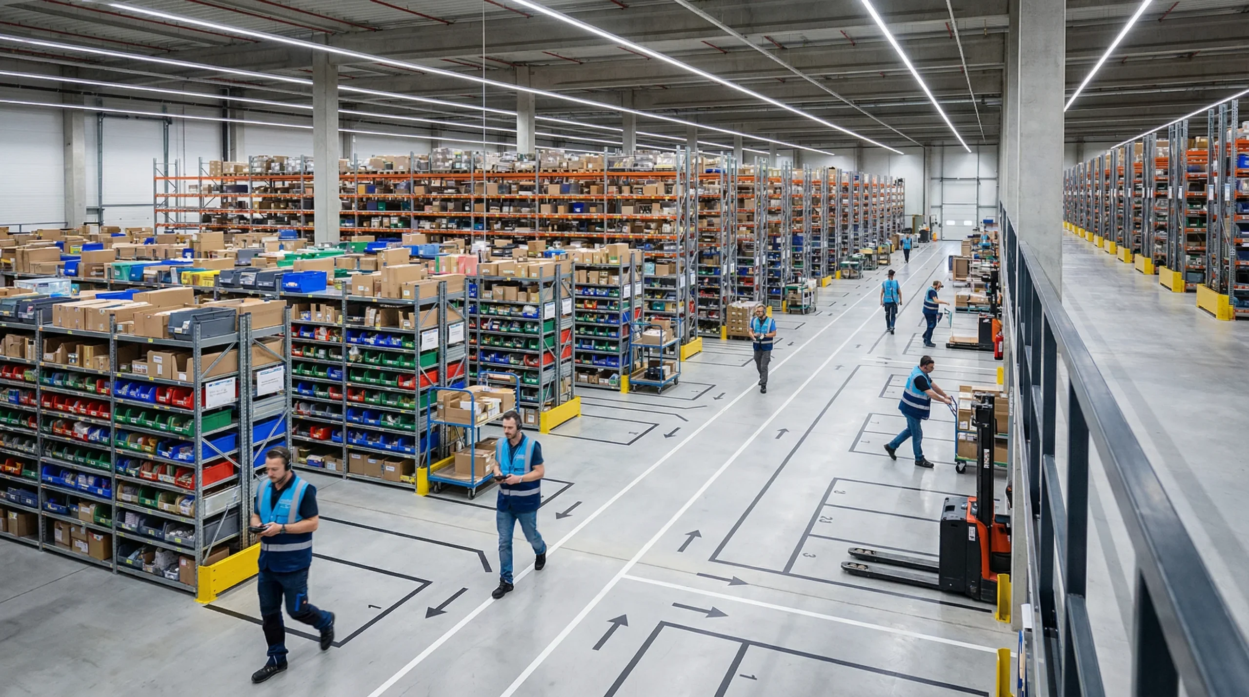 Warehouse scene with voice picking, batch picking, bins