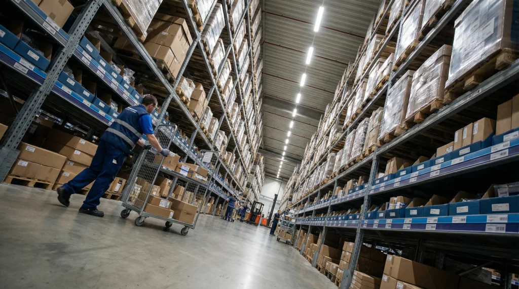 Warehouse aisle with tall shelves and worker.