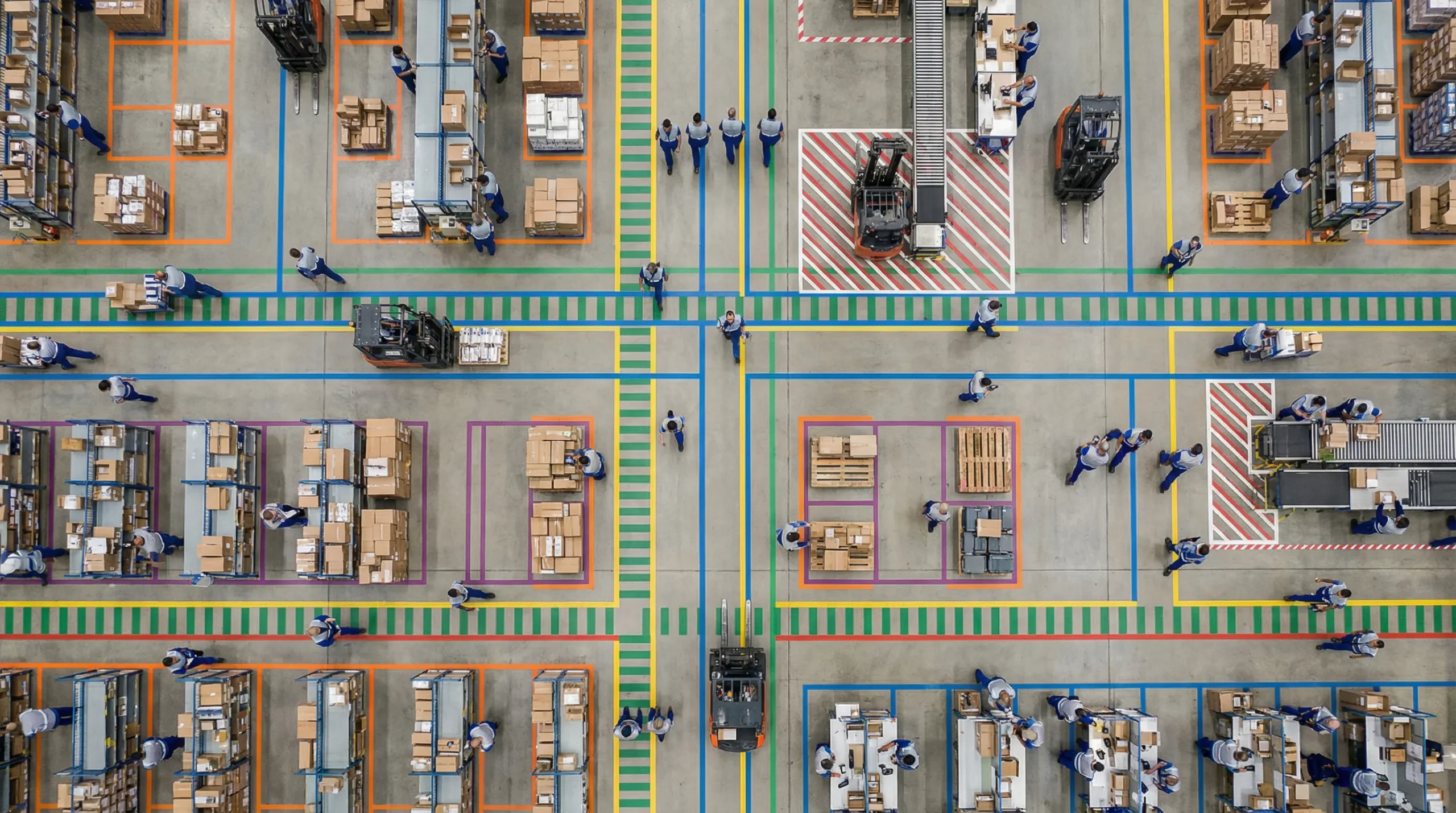 Aerial view of organized warehouse floor
