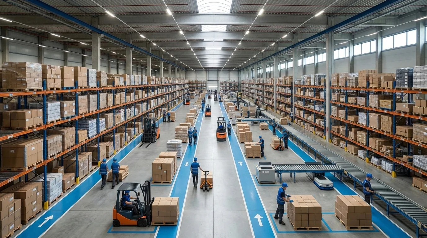 Wide shot of distribution center operations.