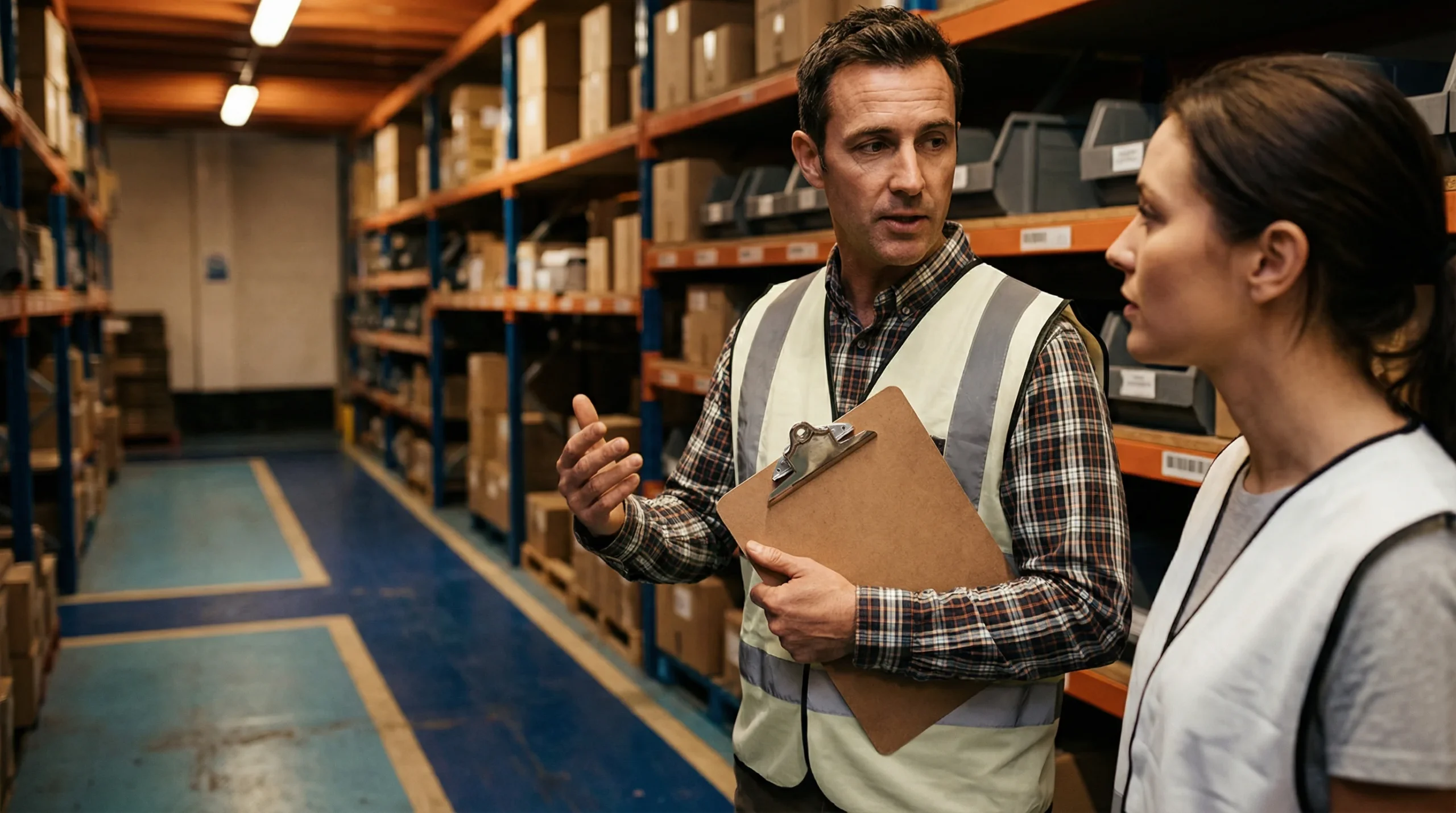 Warehouse worker and supervisor discussing tasks