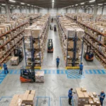 Aerial view of warehouse using barcode systems