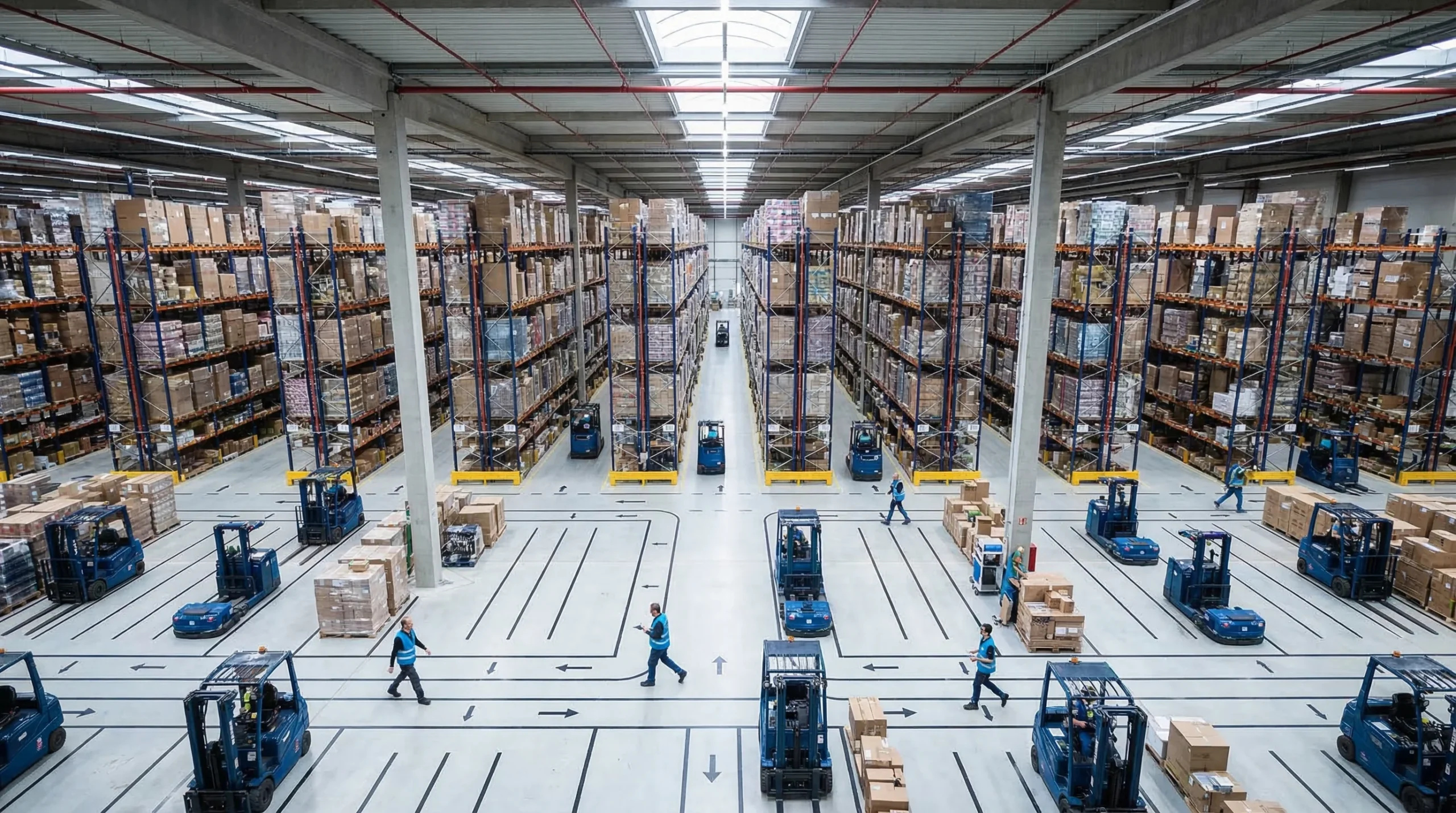 Aerial view of organized warehouse with AI tools