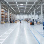 Warehouse interior with workers and shelves