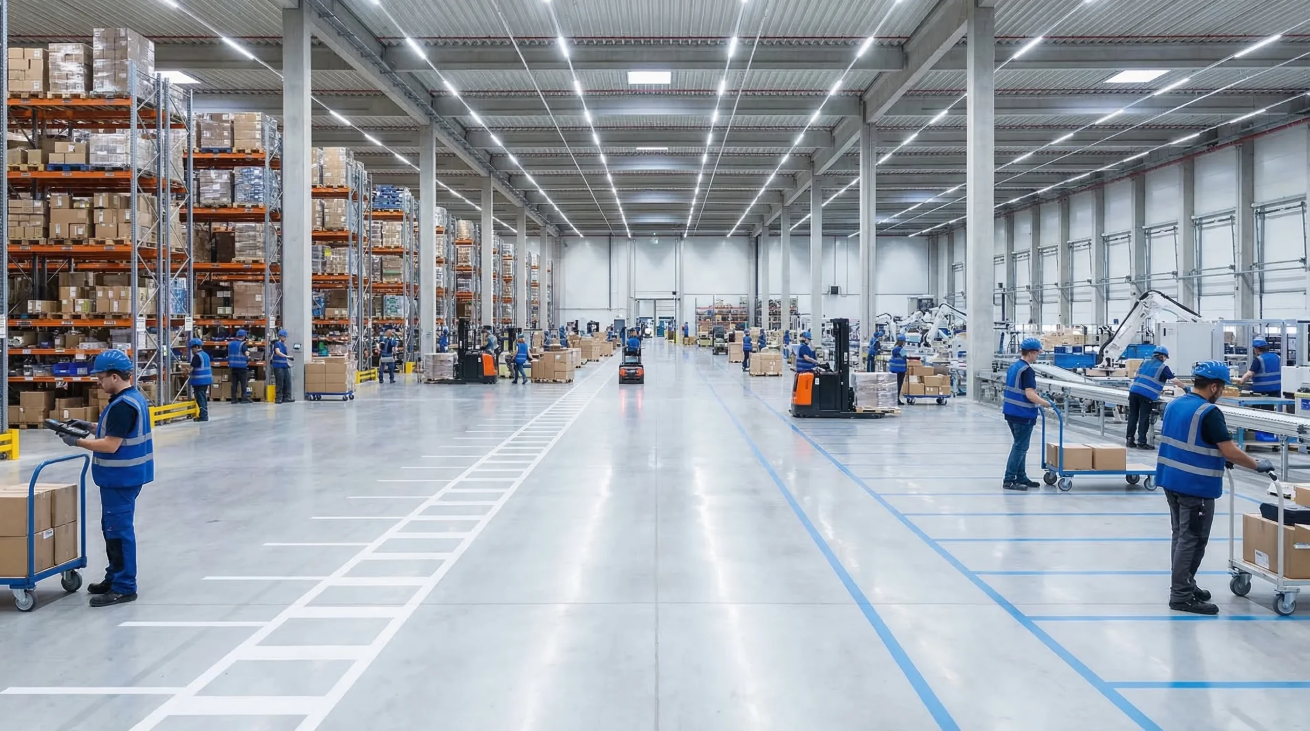 Warehouse interior with workers and shelves