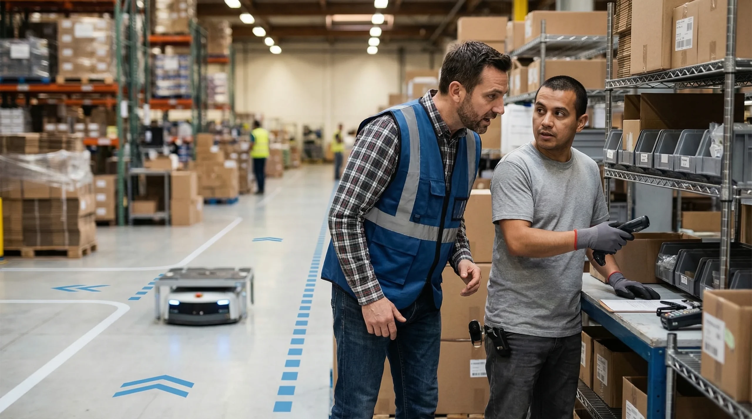Warehouse supervisor talking to worker
