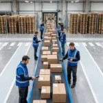 Workers scanning packages at conveyor belt
