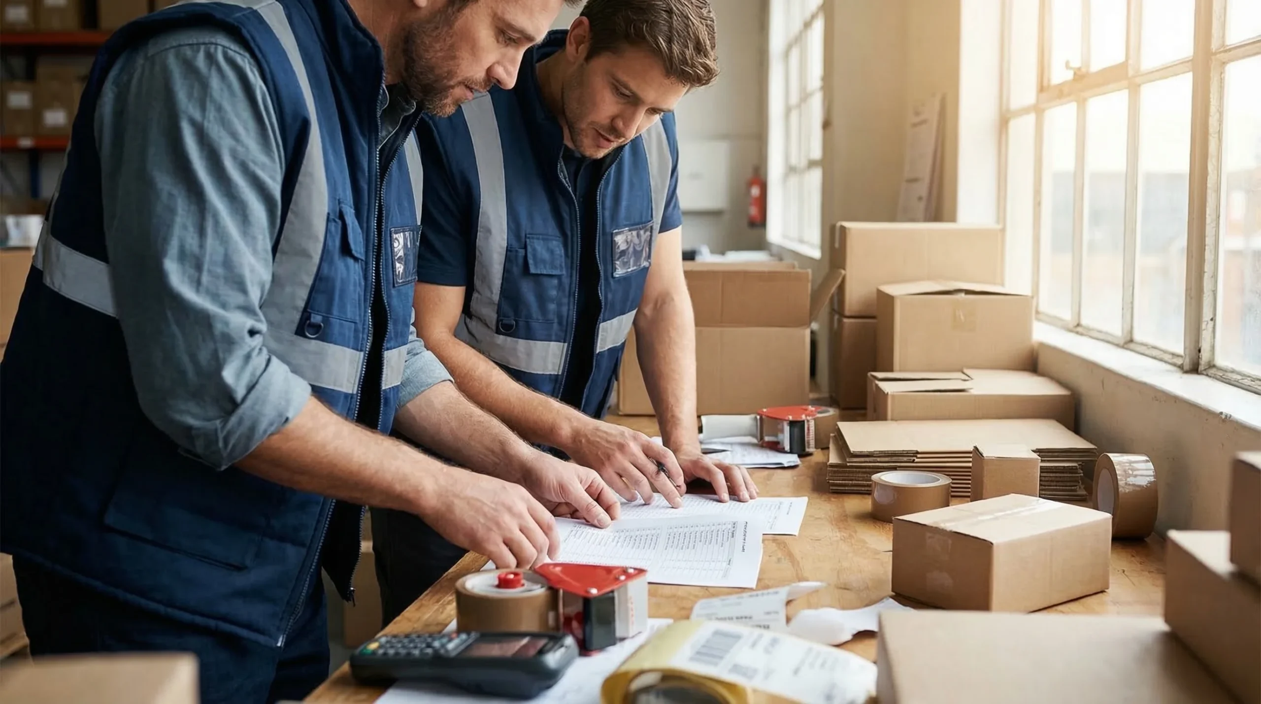 Warehouse workers at packing station
