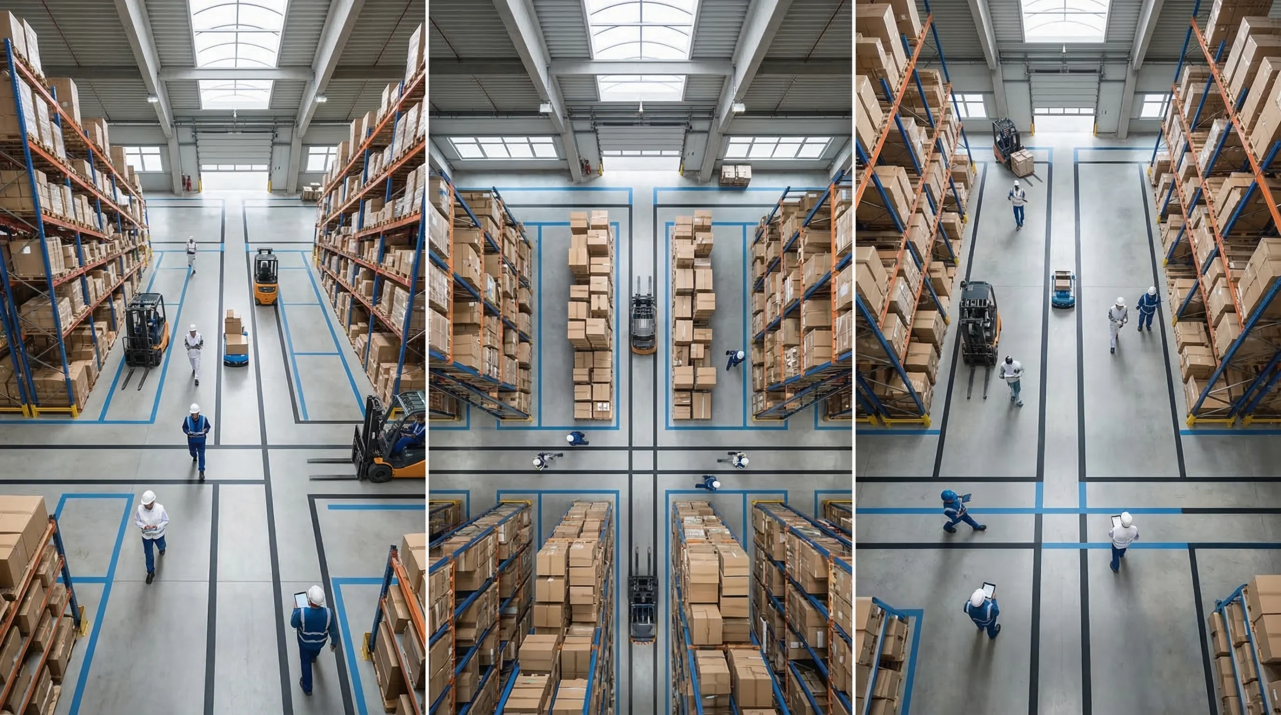Aerial view of organized warehouse floor