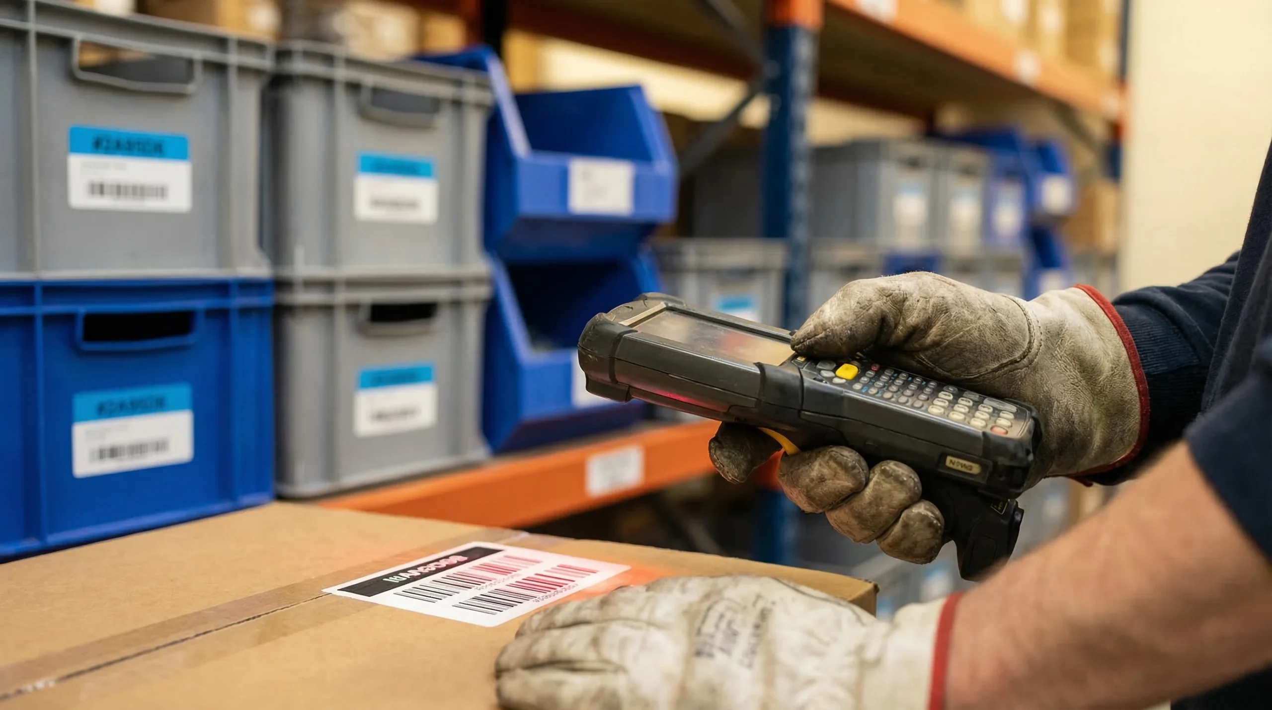 Warehouse worker scanning barcode on package