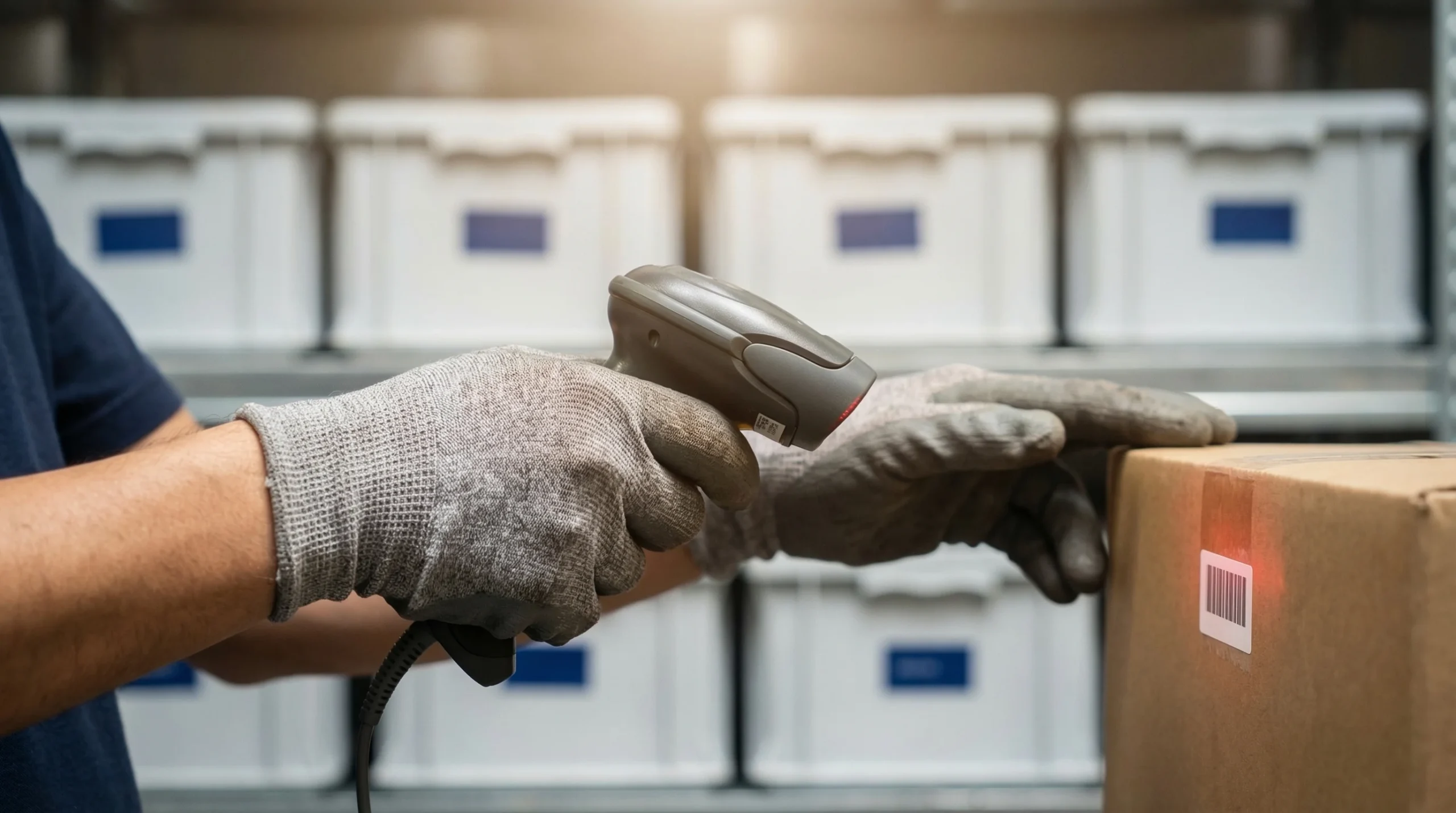 Warehouse worker scanning barcode on package