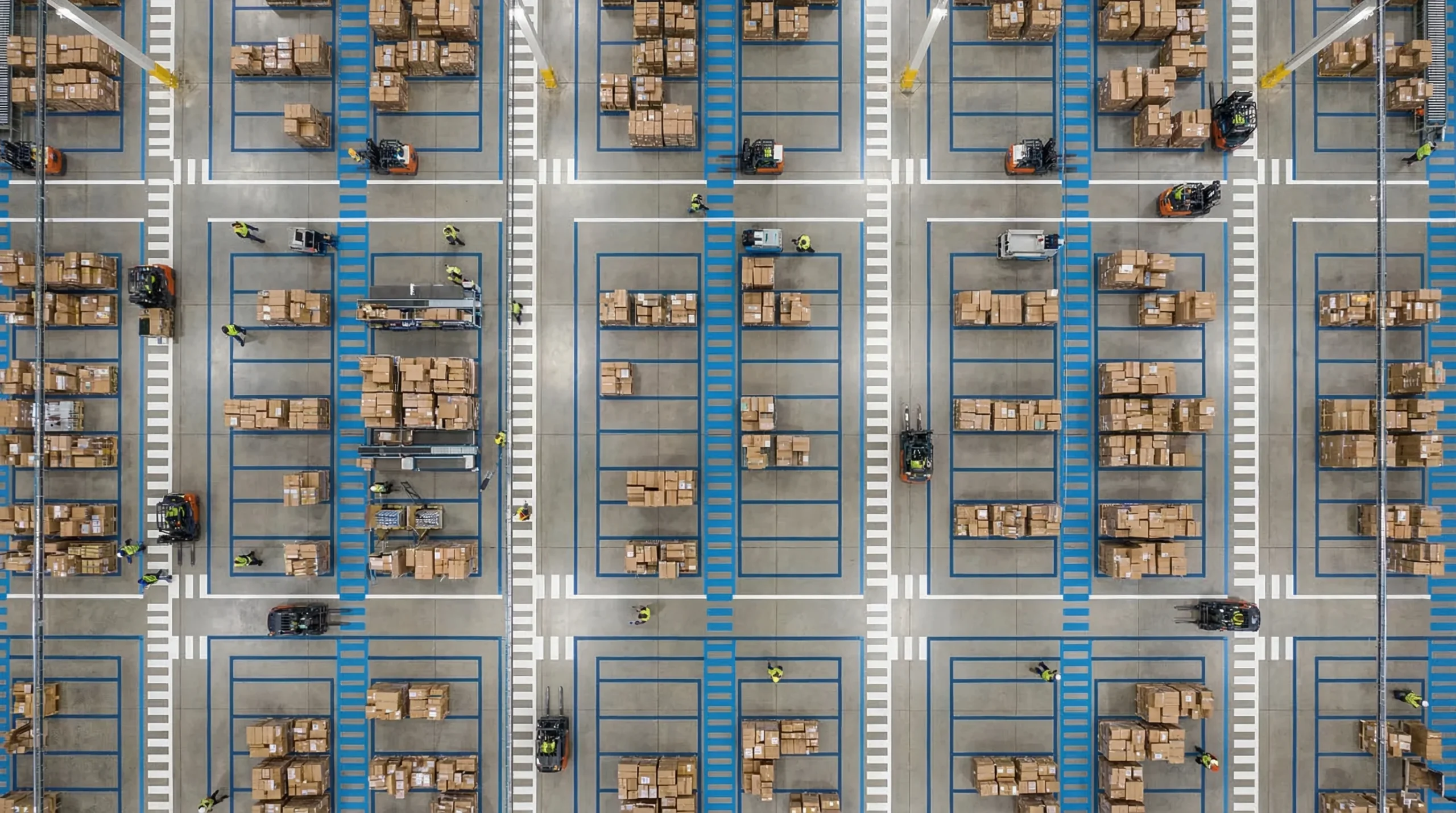 Aerial view of organized warehouse floor