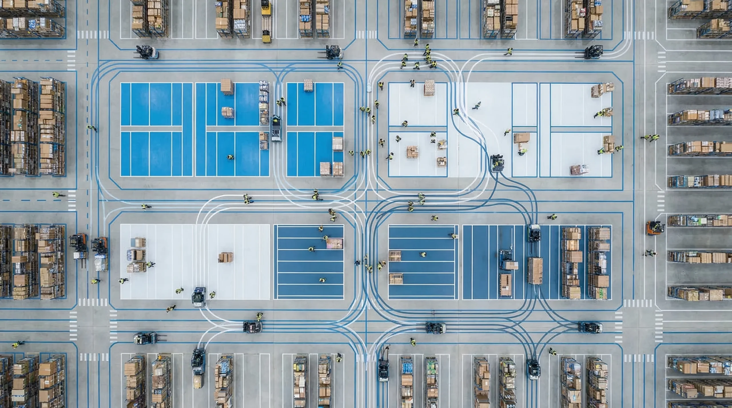 Aerial view of organized warehouse floor
