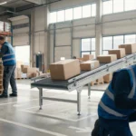 Warehouse dock with conveyor belt activity.