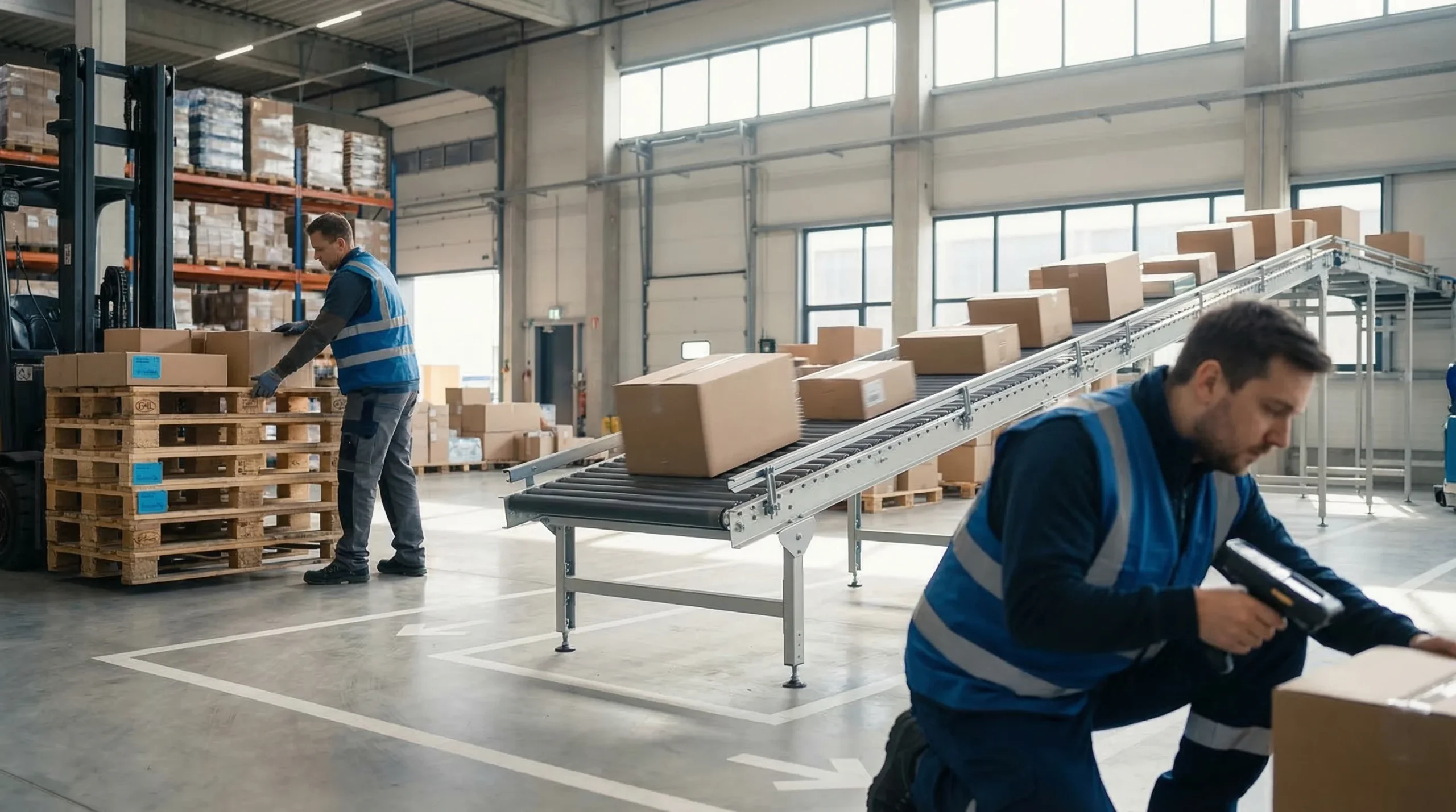 Warehouse dock with conveyor belt activity.