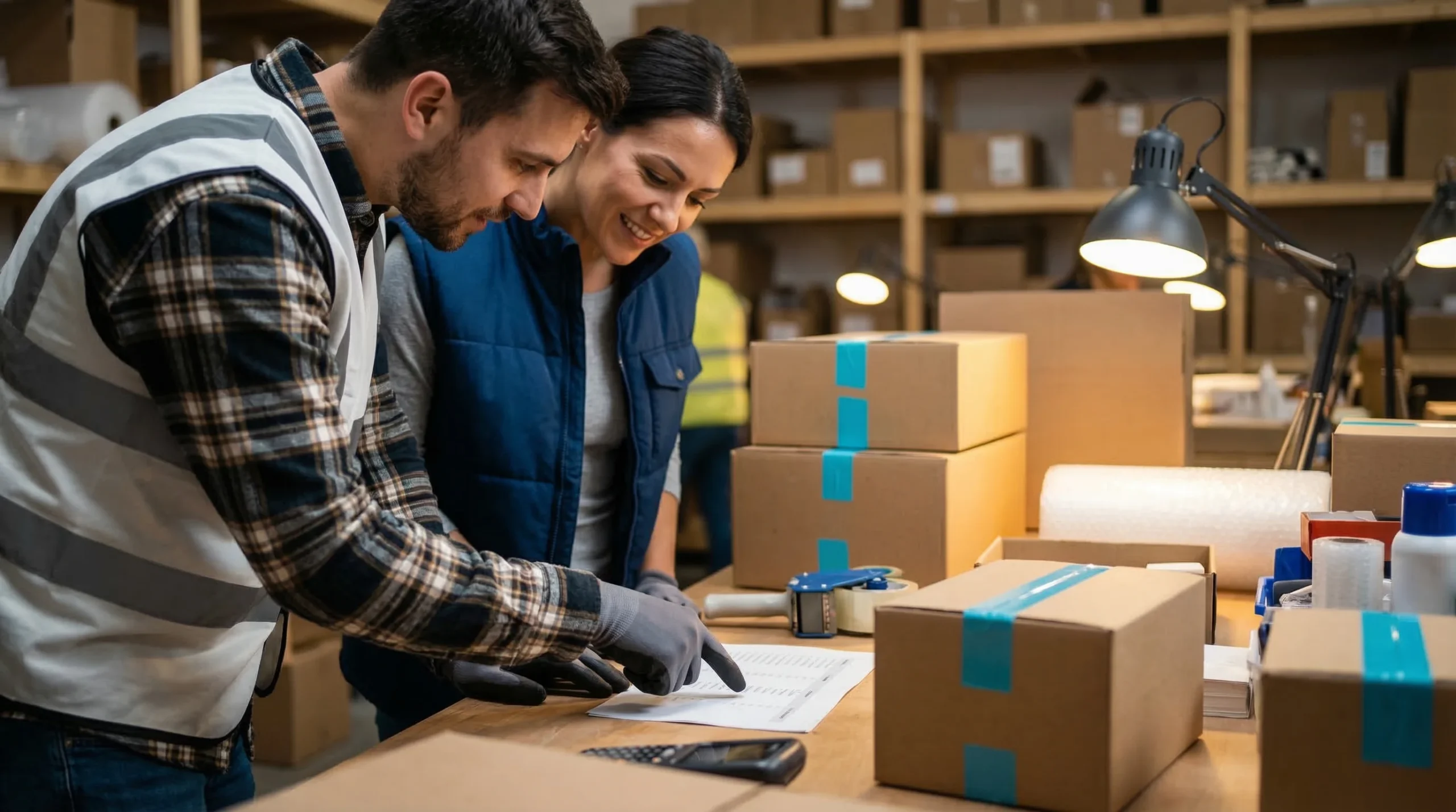 Warehouse workers reviewing pick list.