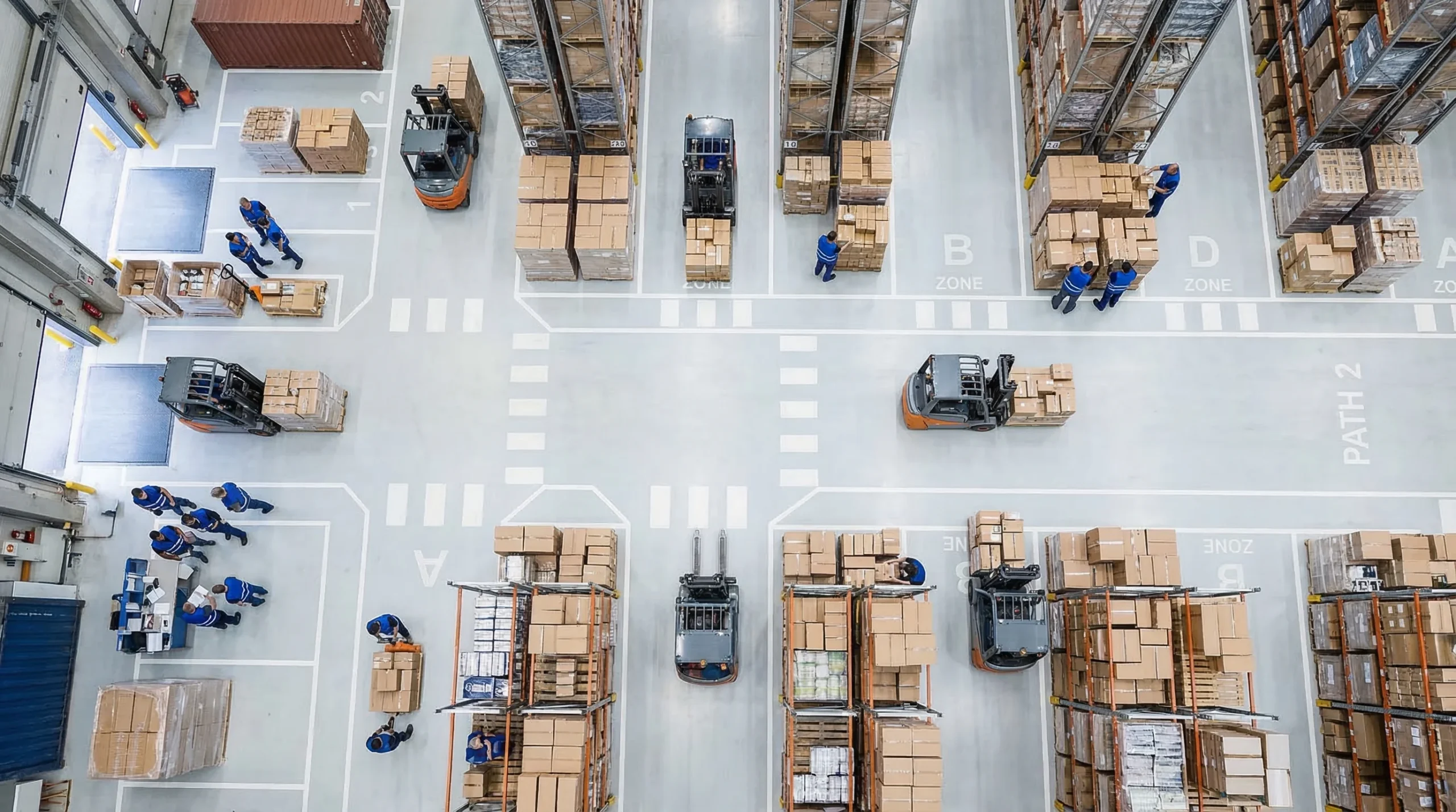 Aerial view of organized warehouse floor.