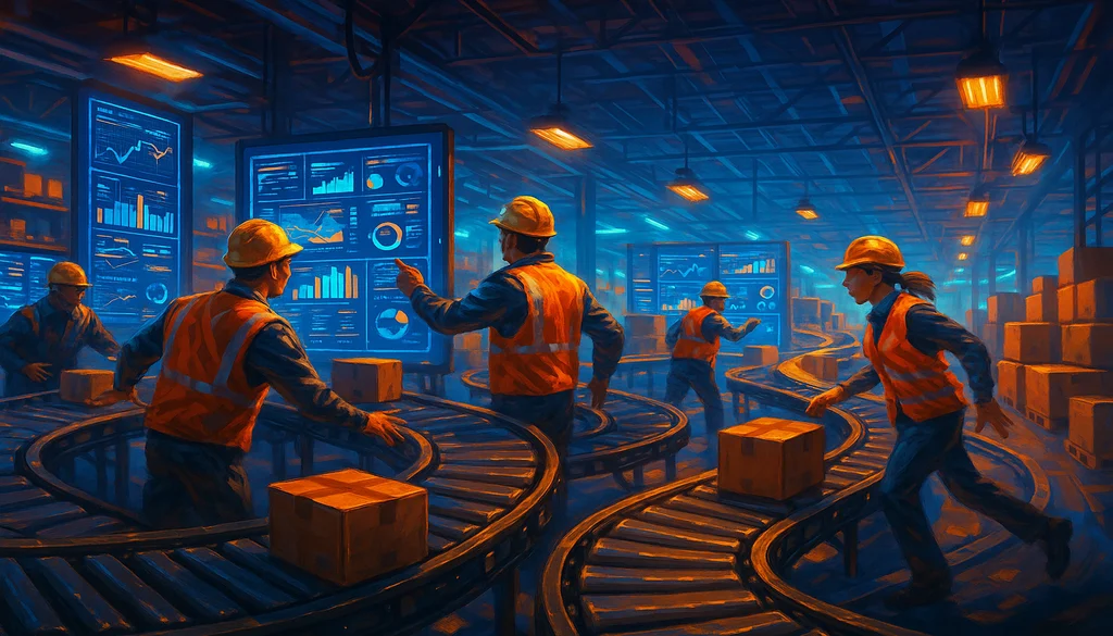 Workers in modern warehouse facility with digital analytics dashboards and conveyor systems