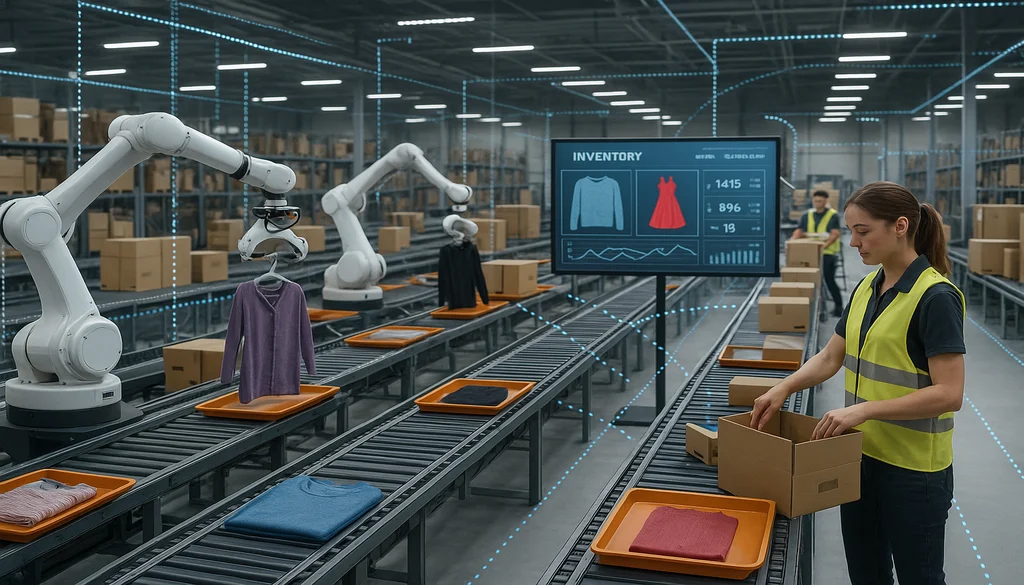 Automated fashion warehouse with robotic arms sorting clothing and digital inventory tracking system
